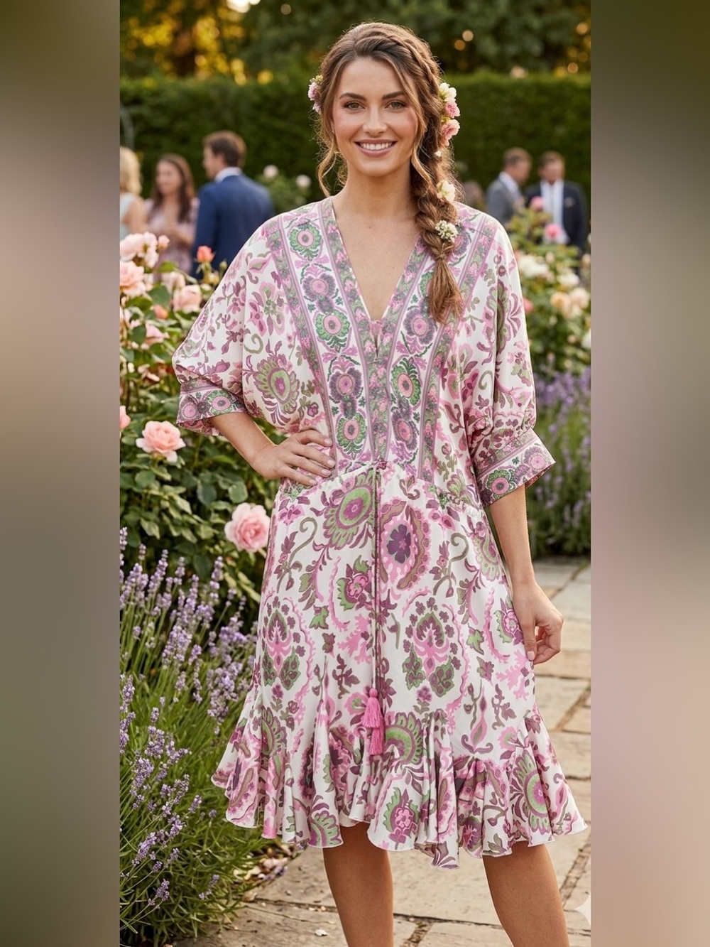 Aakaa Pink and Green Floral V-Neck ruffle dress M poly flowy garden part‎ coquet